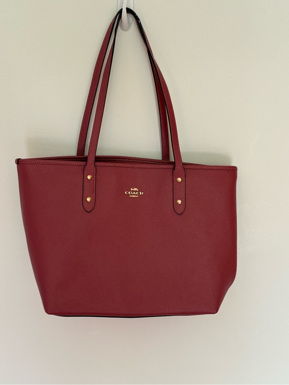 Coach Dark Coral Leather Tote with Gold Accents